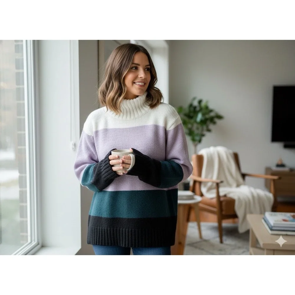 ANN TAYLOR Oversized ColorBlock Stripe Knit Sweater L Classic Turtleneck Cozy - Picture 7 of 7